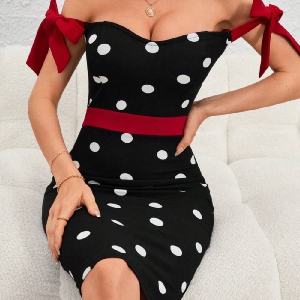 Shein Black and White Polka Dot BodyCon Dress with Red Accents XL